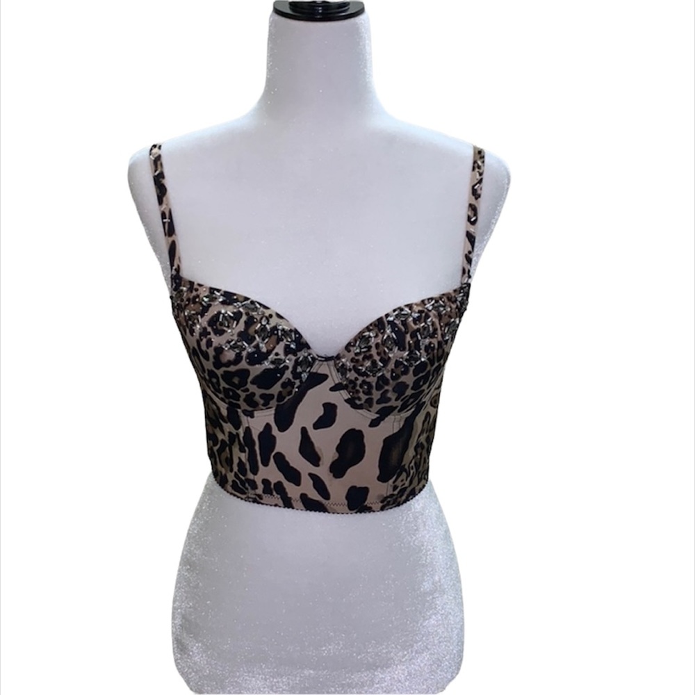 Bebe sequined bedazzled leopard print bustier top
